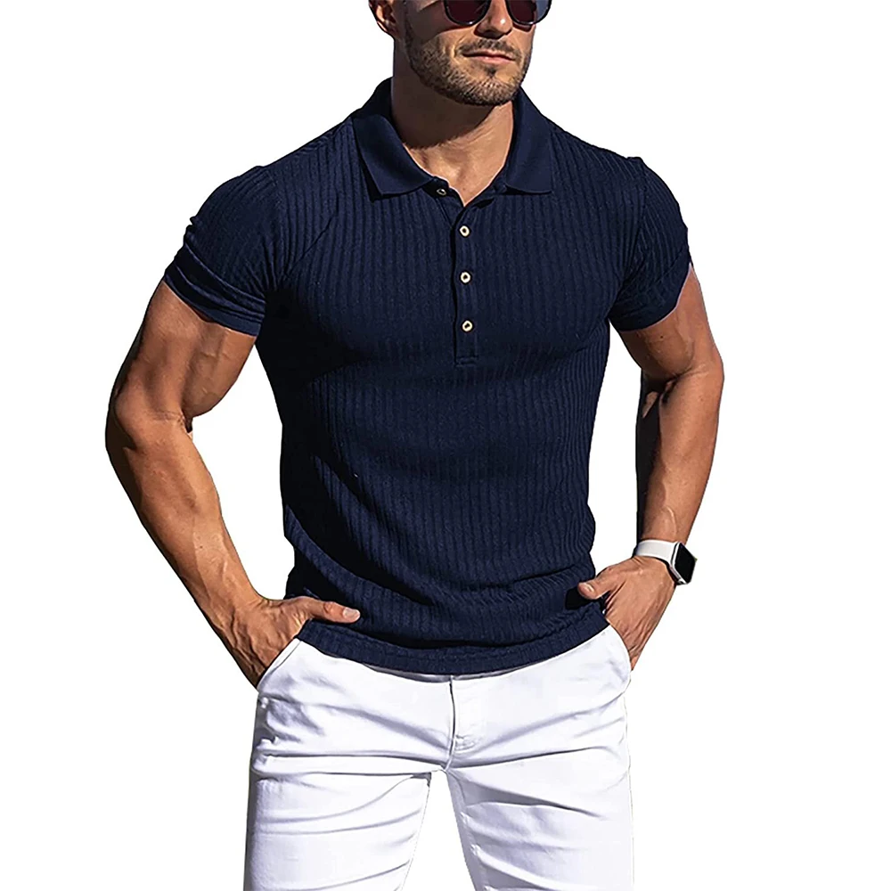 New Summer Polo Men Solid Stripe Fitness Elasticity Short Sleeve Polo Shirts for Men Fashion Stand Collar Mens Shirts thumbnail 5
