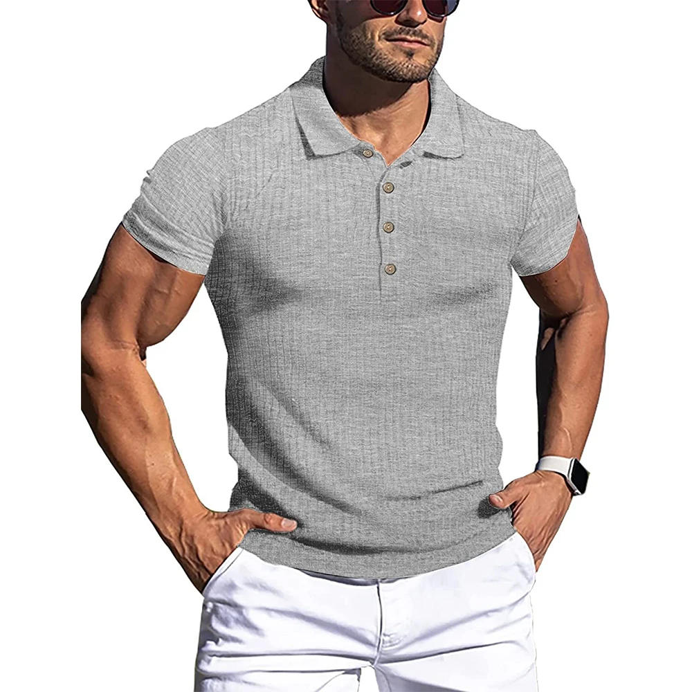 New Summer Polo Men Solid Stripe Fitness Elasticity Short Sleeve Polo Shirts for Men Fashion Stand Collar Mens Shirts thumbnail 2
