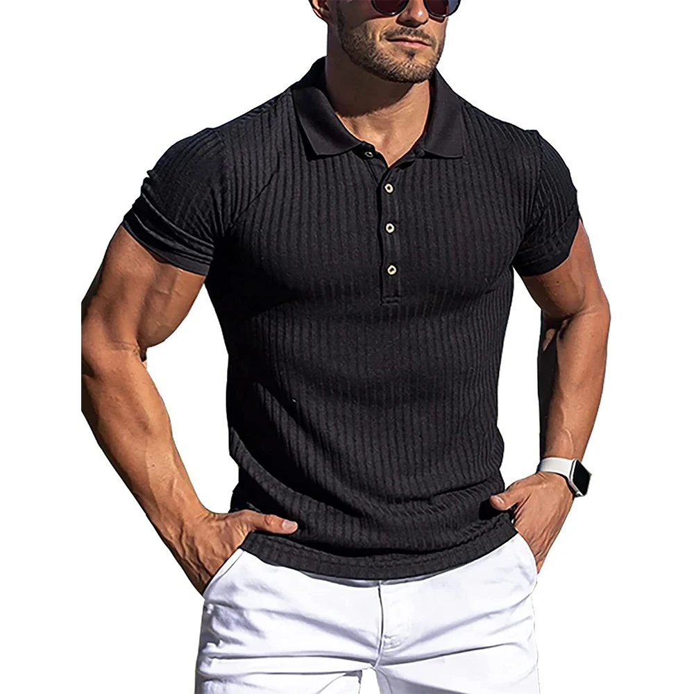 New Summer Polo Men Solid Stripe Fitness Elasticity Short Sleeve Polo Shirts for Men Fashion Stand Collar Mens Shirts thumbnail 4