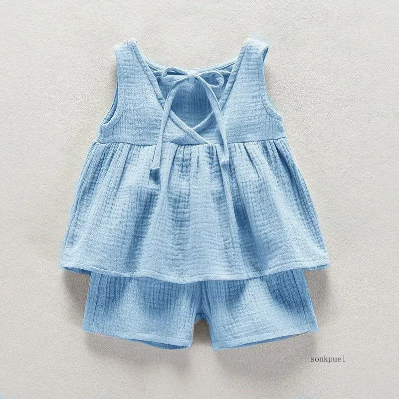 Baby Girls Outfits Clothes Summer Muslin Cotton Sleeveless Vest Dress Shorts Shirt Suits Fashion Top+Trousers Sets 2pcs 0-4T M thumbnail 5