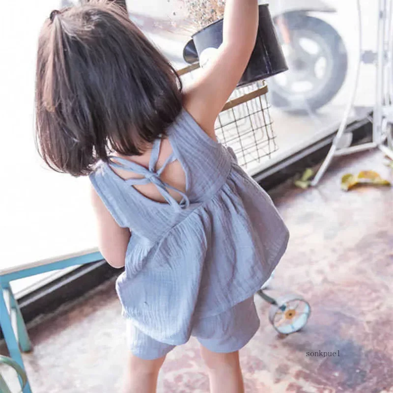 Baby Girls Outfits Clothes Summer Muslin Cotton Sleeveless Vest Dress Shorts Shirt Suits Fashion Top+Trousers Sets 2pcs 0-4T M thumbnail 3