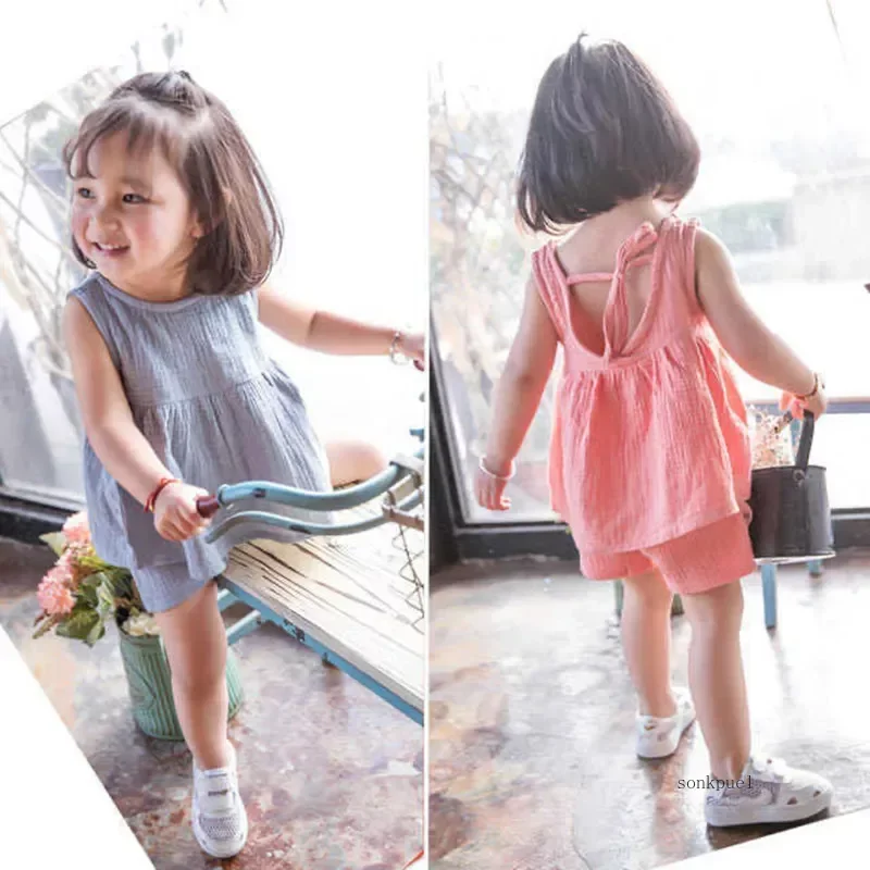 Baby Girls Outfits Clothes Summer Muslin Cotton Sleeveless Vest Dress Shorts Shirt Suits Fashion Top+Trousers Sets 2pcs 0-4T M thumbnail 2