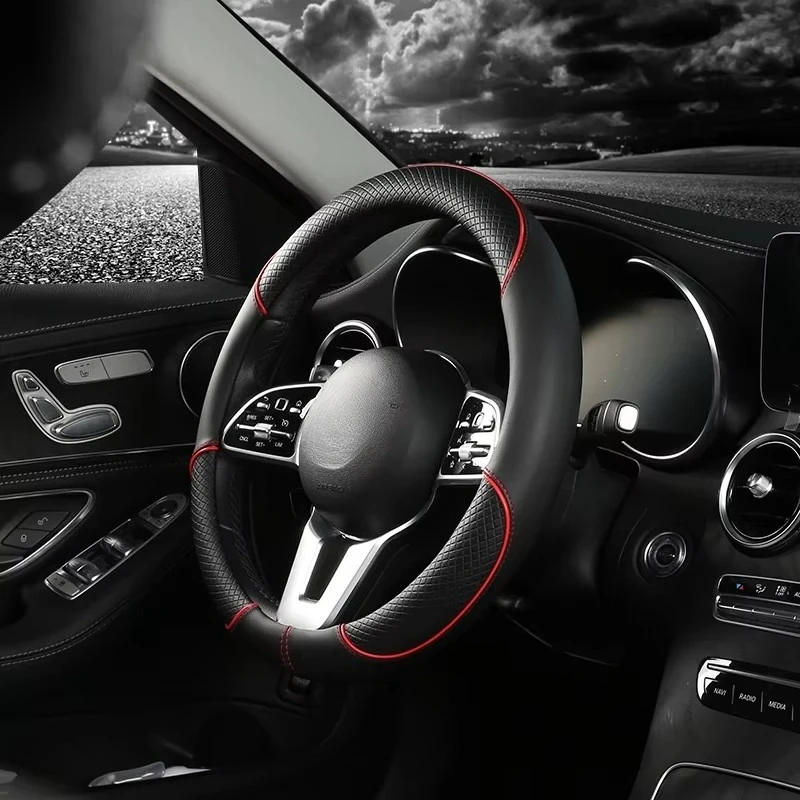 All Seasons Leather Diamond Steering Wheel Cover Universal Fit for 14 .5-15 Inch Durable Leather Cover Anti-Slip Veins Design thumbnail 3