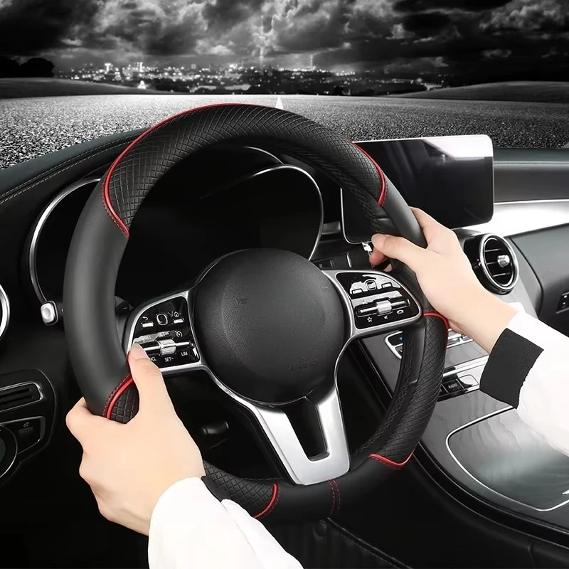 All Seasons Leather Diamond Steering Wheel Cover Universal Fit for 14 .5-15 Inch Durable Leather Cover Anti-Slip Veins Design thumbnail 2