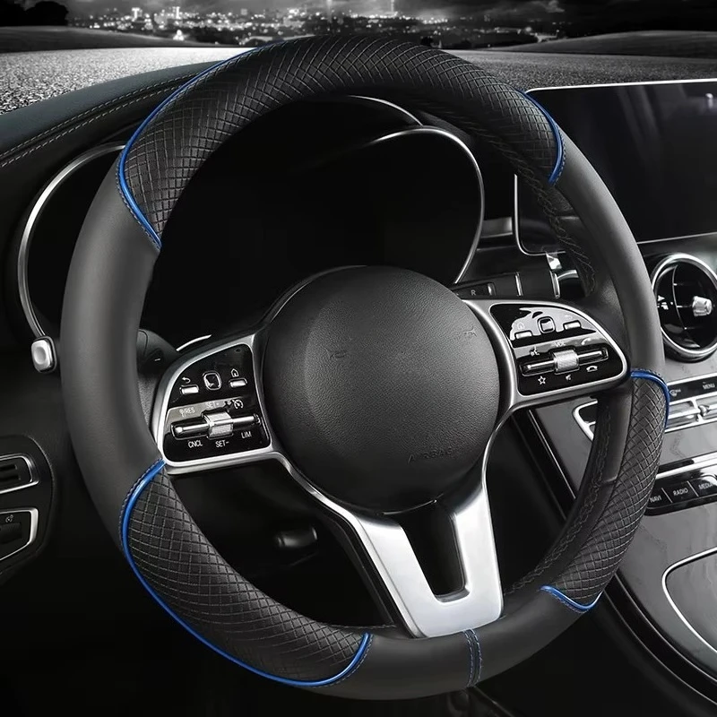 All Seasons Leather Diamond Steering Wheel Cover Universal Fit for 14 .5-15 Inch Durable Leather Cover Anti-Slip Veins Design thumbnail 4