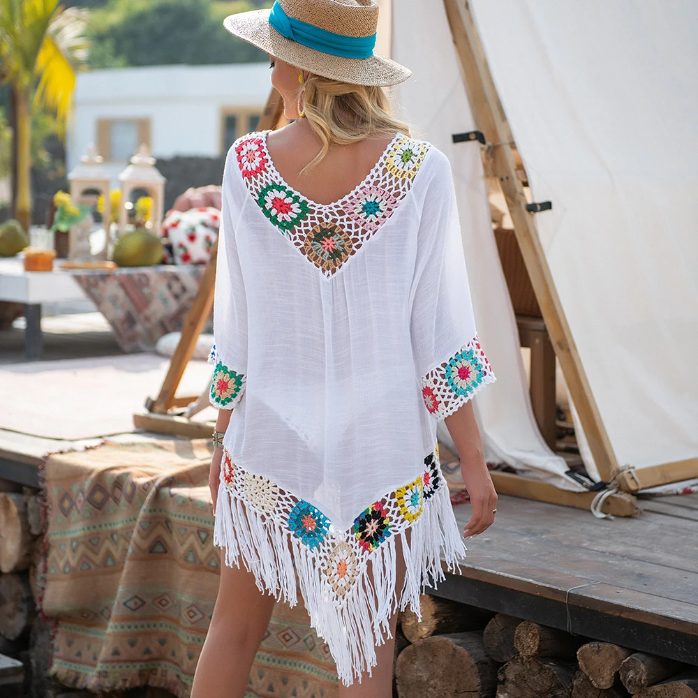 CROCHET BIKINI White Bikini Cover Up With Fringe Trim Women Sexy Hollow Tunic Beach Dress Summer Bathing Suit Beachwear thumbnail 2