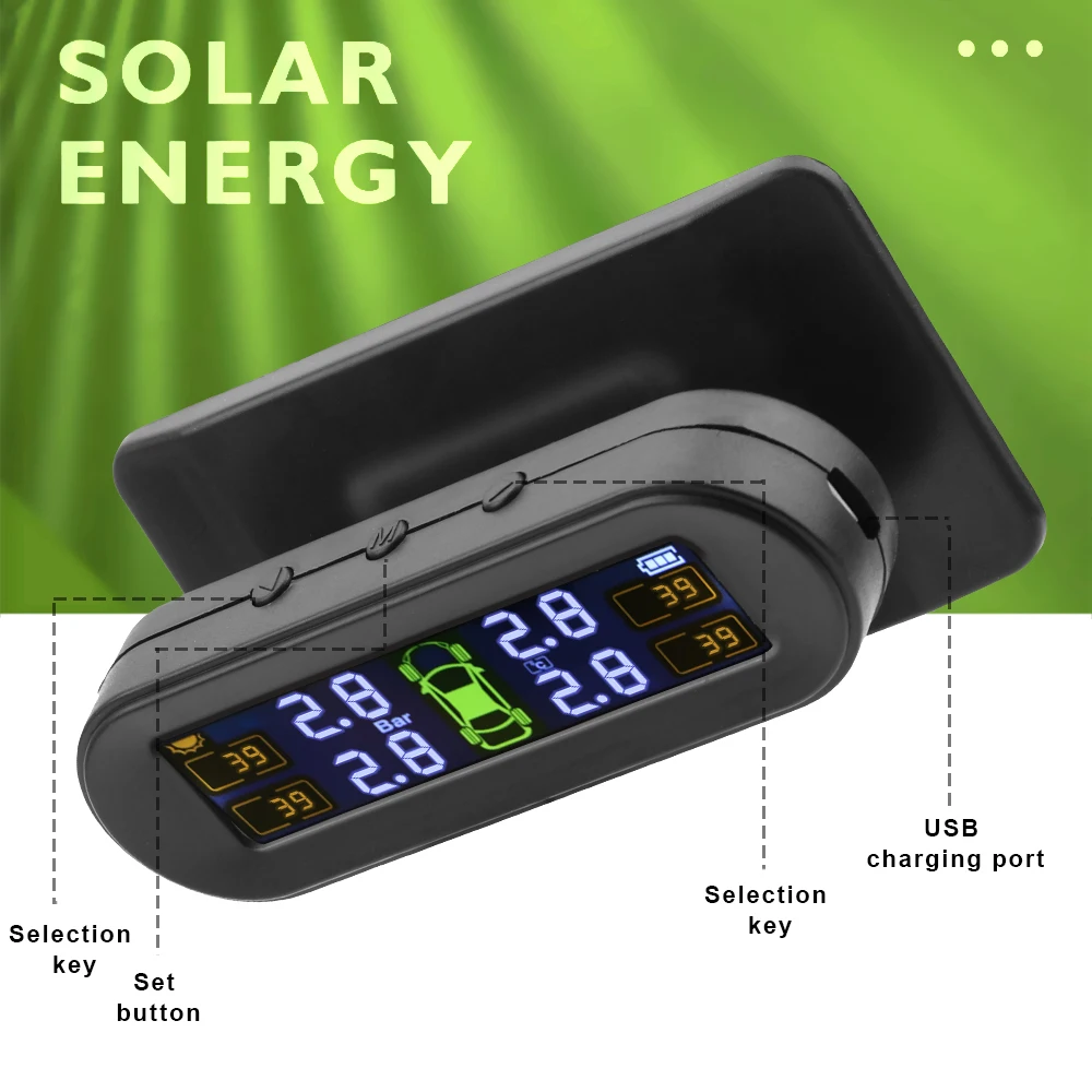 Car Tyre Pressure Monitor Solar TPMS Tire Pressure Monitoring System Temp Warning Fuel Save 4 External Sensors Set Accessories thumbnail 4