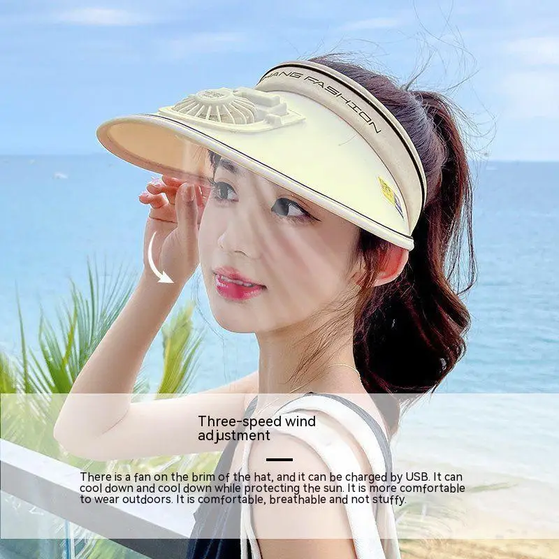 Sun Visor Women Hats with Fan-Three Temp Settings-Large Area Sun Protection Adjustable Elastic Buckle thumbnail 5