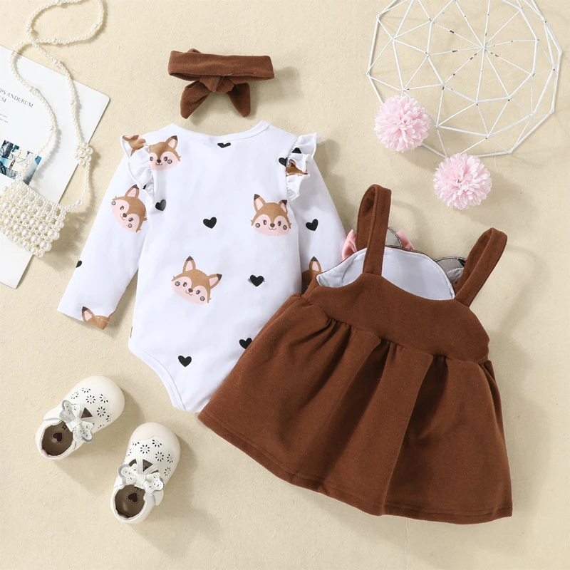 Newborn Baby Set Girl Clothing Printed Long Sleeve Bodysuit Tops Cartoon Fox Bow Dress 0-18 Months Autumn Winter Infant Outfits thumbnail 2