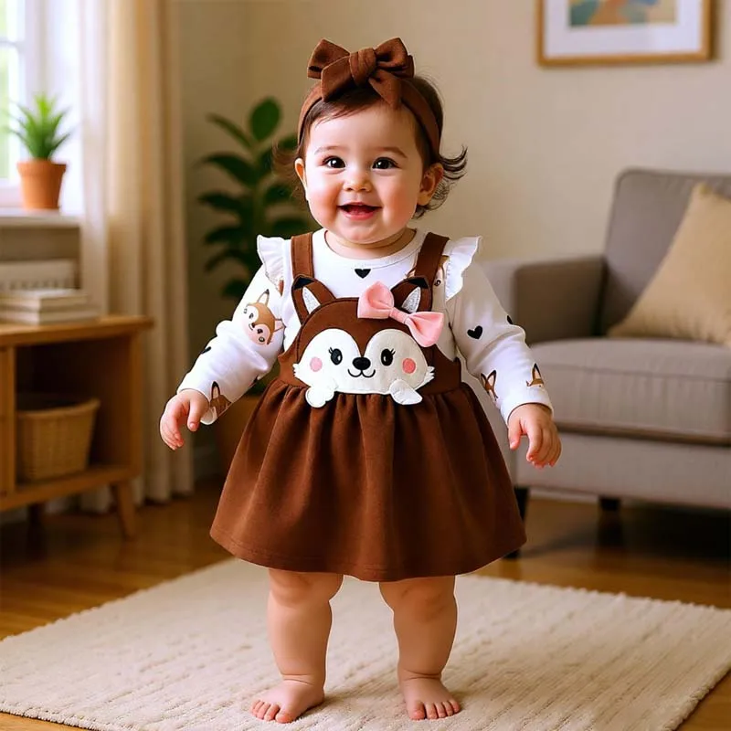 Newborn Baby Set Girl Clothing Printed Long Sleeve Bodysuit Tops Cartoon Fox Bow Dress 0-18 Months Autumn Winter Infant Outfits thumbnail 4