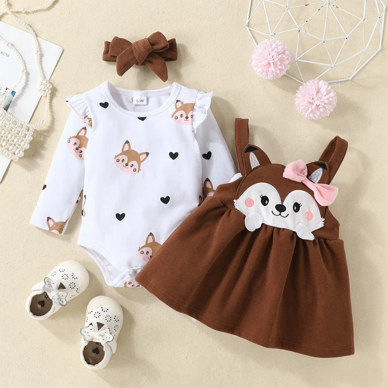 Newborn Baby Set Girl Clothing Printed Long Sleeve Bodysuit Tops Cartoon Fox Bow Dress 0-18 Months Autumn Winter Infant Outfits thumbnail 5