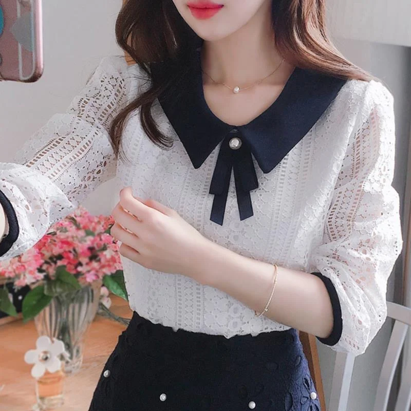 Women's Spring Autumn Style Lace Blouses Shirt Women Peter Pan Collar Solid Color Half Sleeve Elegant Lace Tops SP8676 thumbnail 2