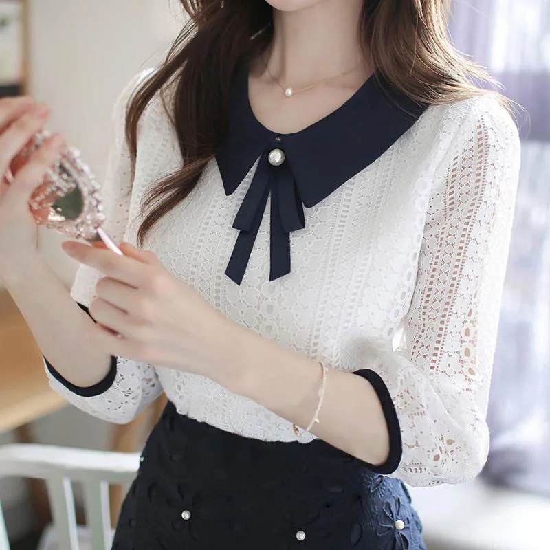 Women's Spring Autumn Style Lace Blouses Shirt Women Peter Pan Collar Solid Color Half Sleeve Elegant Lace Tops SP8676 thumbnail 3