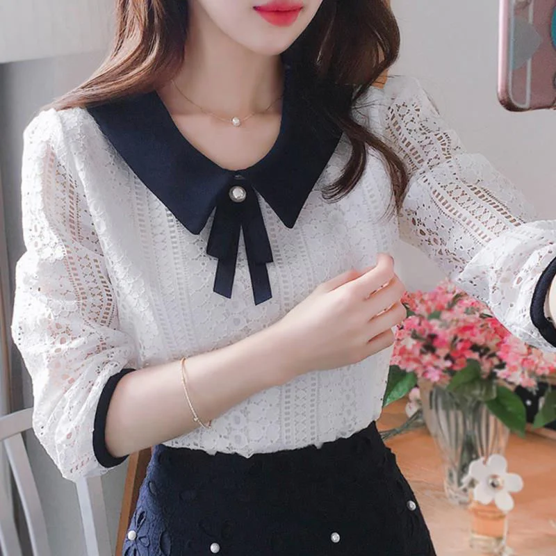 Women's Spring Autumn Style Lace Blouses Shirt Women Peter Pan Collar Solid Color Half Sleeve Elegant Lace Tops SP8676 thumbnail 4