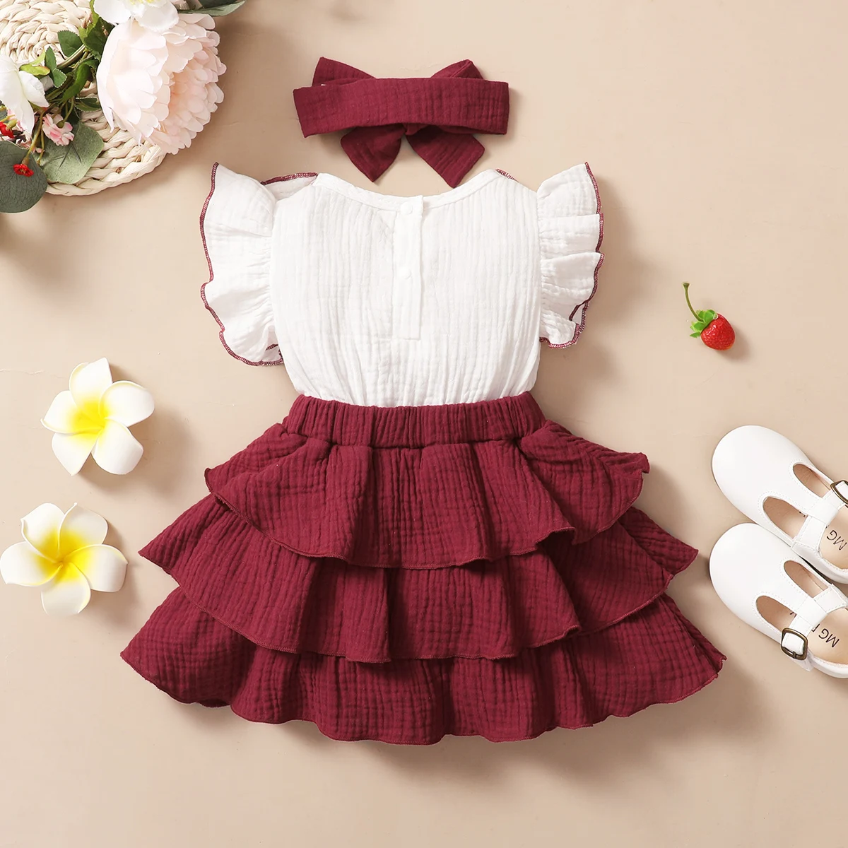 Baby Girl Red Wine with white 3-layer cupcake dress thumbnail 2