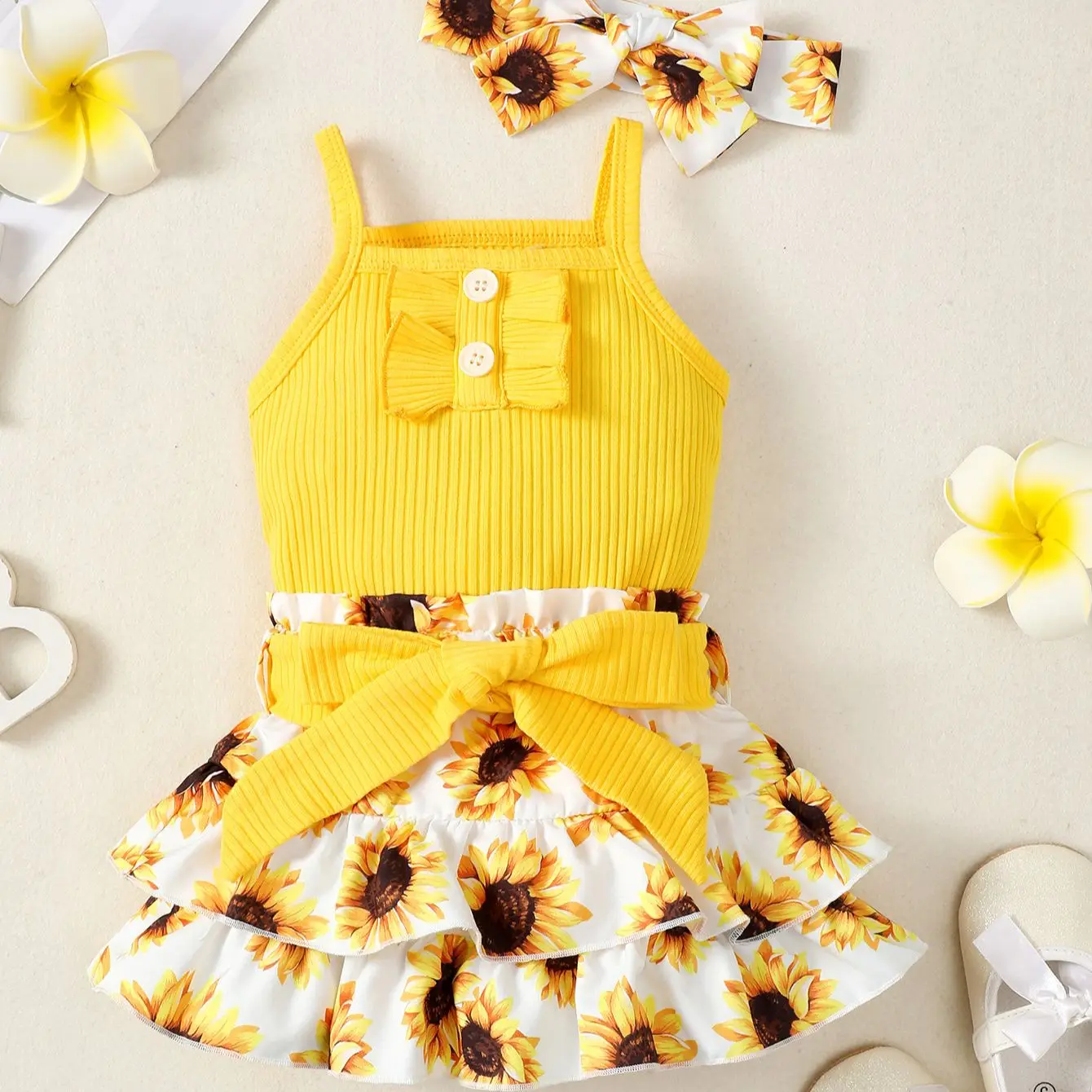 Newborn baby yellow sling button sunflower print skirt cute suit thumbnail 3