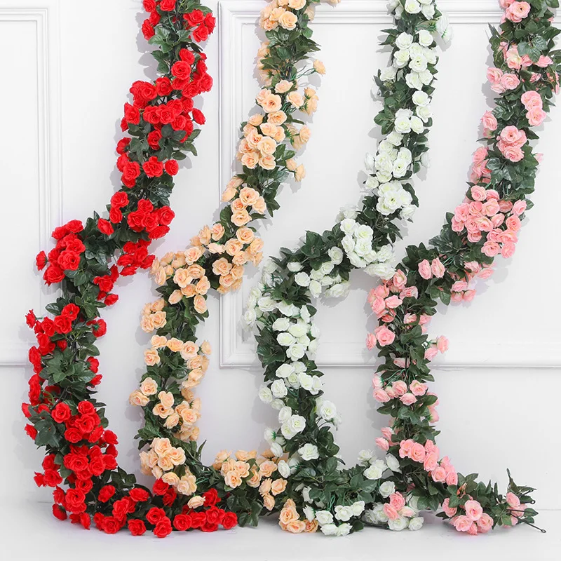 2.5m 1.8m Rose Artificial Flower Vine For Wedding Garland White Pink Home Room Wedding Decoration Silk Artificial Rose Vine Han thumbnail 2