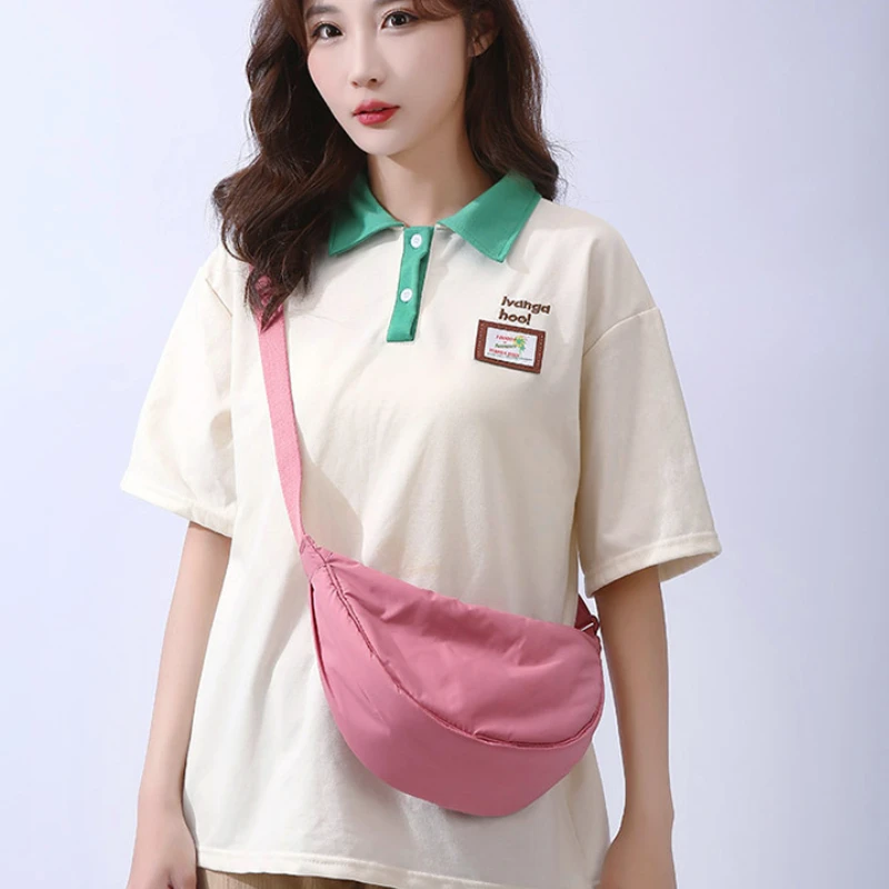 Solid Color Women's Portable Shoulder Bag Simple Female Nylon Cloth Padded Crossbody Bags Travel Purse Handbags Messenger Bag thumbnail 2