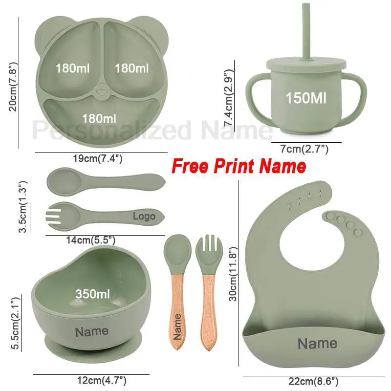 Feeding Set Silicone For Baby Sucker Bowl Dishes Plate For Kids Bear Plate Set Baby Tableware Children's Cup With Straw 8Pcs thumbnail 2