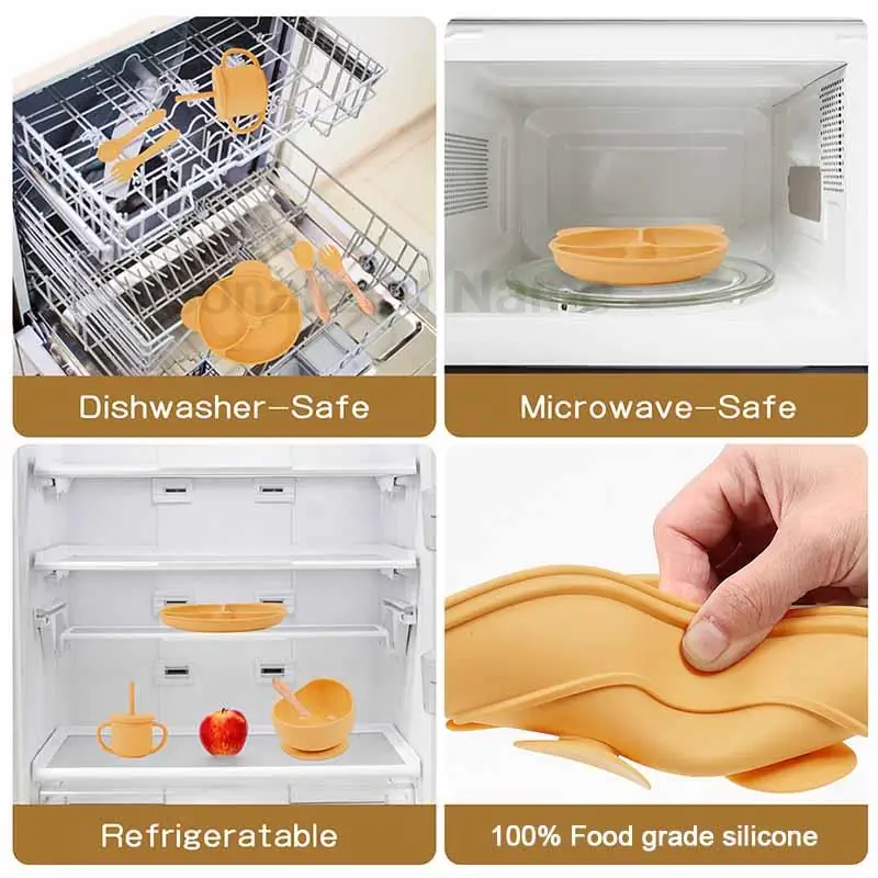 Feeding Set Silicone For Baby Sucker Bowl Dishes Plate For Kids Bear Plate Set Baby Tableware Children's Cup With Straw 8Pcs thumbnail 4