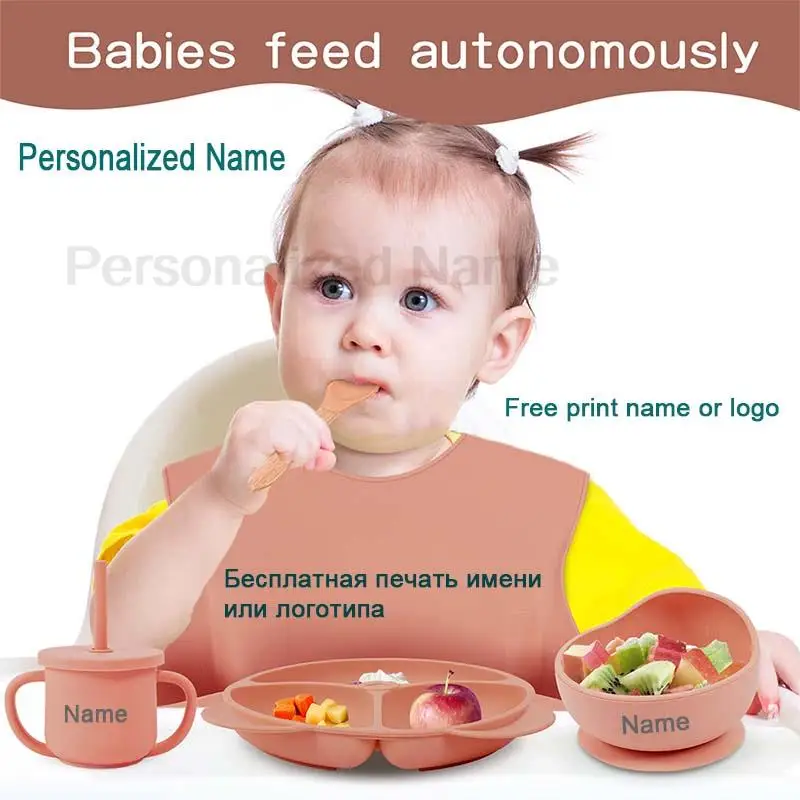 Feeding Set Silicone For Baby Sucker Bowl Dishes Plate For Kids Bear Plate Set Baby Tableware Children's Cup With Straw 8Pcs thumbnail 3