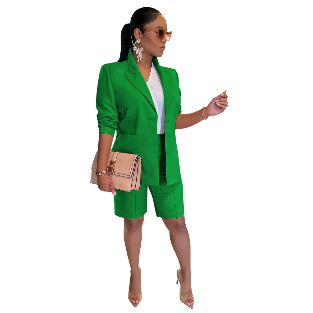 2 Piece Set Blazer Short Suits Knee Length Pant Set Simple Solid Color Office Suit Lady Women Blazer Trousers Two Piece Set thumbnail 4