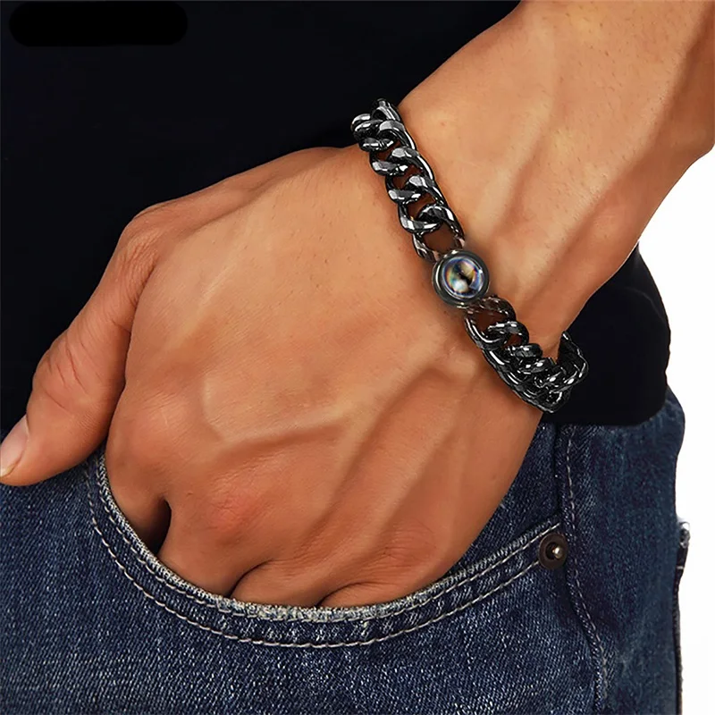 Custom Bracelet with Picture Inside Titanium Steel Cuban Link Chain Bracelet with Personalized Photo Projection for Men Women thumbnail 5
