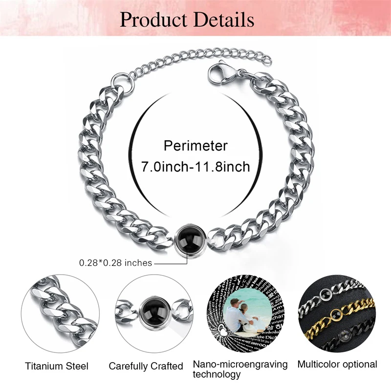 Custom Bracelet with Picture Inside Titanium Steel Cuban Link Chain Bracelet with Personalized Photo Projection for Men Women thumbnail 6
