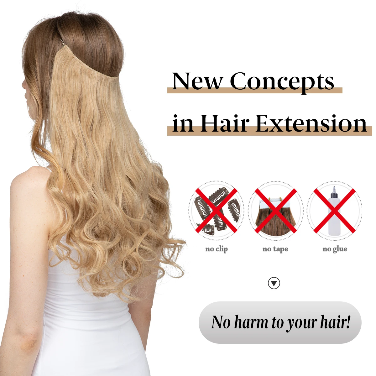 Synthetic No Clip Wave Hair Extensions Ombre Natural Black Blonde Pink One Piece False Hairpiece Fish Line Fake Hair Piece thumbnail 2