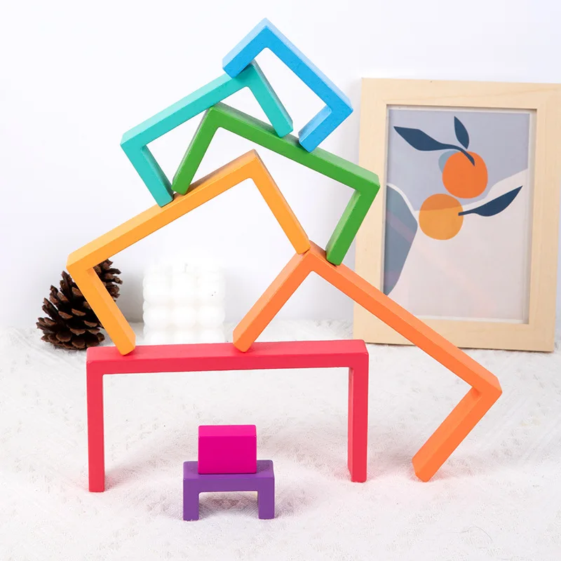 Montessori Wooden Rainbow Stacking Game,Eight Layers Square/Arch Colorful Stacker,Color Recognition Building Blocks Toys thumbnail 3