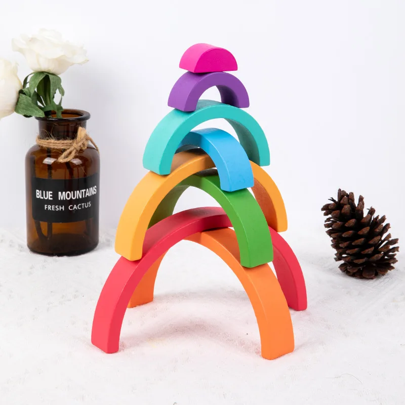 Montessori Wooden Rainbow Stacking Game,Eight Layers Square/Arch Colorful Stacker,Color Recognition Building Blocks Toys thumbnail 4
