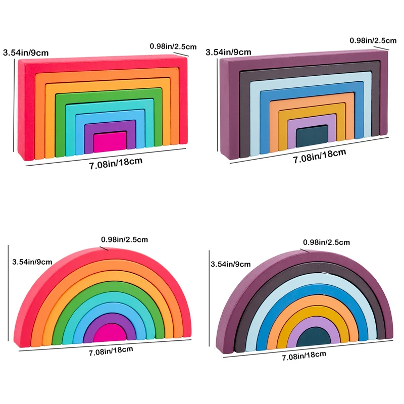 Montessori Wooden Rainbow Stacking Game,Eight Layers Square/Arch Colorful Stacker,Color Recognition Building Blocks Toys thumbnail 2