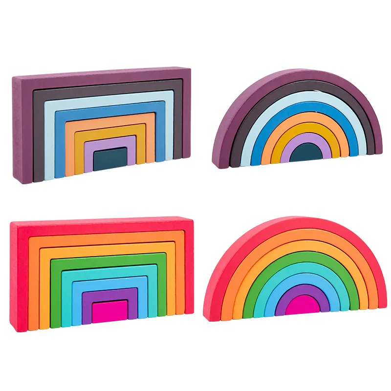 Montessori Wooden Rainbow Stacking Game,Eight Layers Square/Arch Colorful Stacker,Color Recognition Building Blocks Toys thumbnail 5