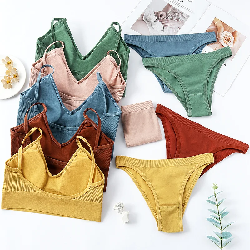 2PCS Bra Set Women Underwear Set Sexy Bralette Female Lingerie Ribbed Tops Seamless Wire Free Bra Panty 2022 thumbnail 2