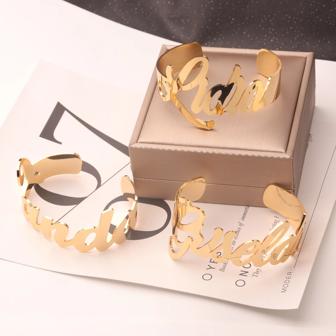 Personalized Name Women's Bangle Stainless Steel Gold Silver Bracelet Personalized Charm Bracelet Valentine's Day Jewelry Gift thumbnail 4