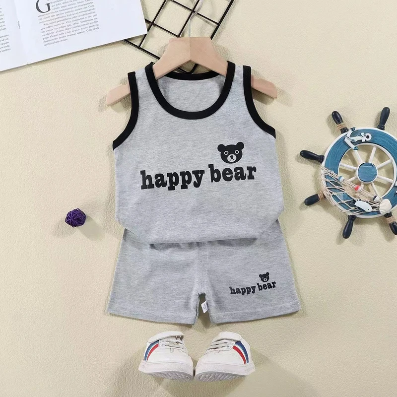 2PCS Children Sets Kids Clothes Vest Suit  Summer Children Clothing baby Cotton T-Shirts Shorts Tank Top  Boys Girls Sleeveless thumbnail 2