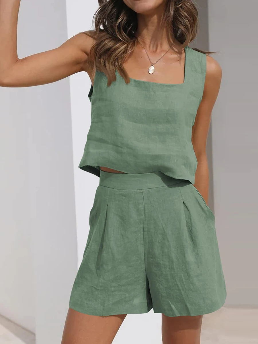 Womens Summer 2 Piece Outfits Lounge Matching Sets Two Piece Linen Shorts Crop Tops 2023 Trendy Clothes Vacation Set 7 Colors thumbnail 4