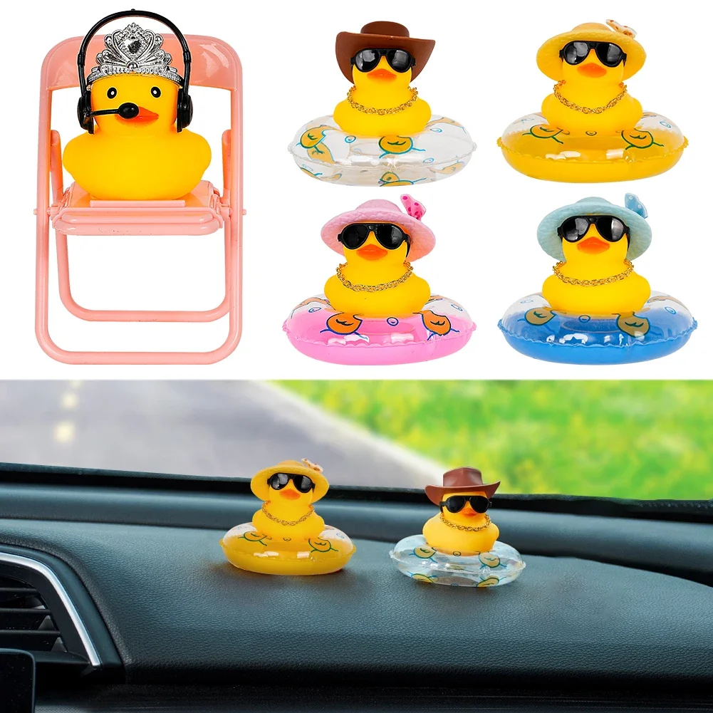 Car Duck Car Rubber Dashboard Decorations Ornament Yellow Duck with Mini Swim Ring Sun Cowboy Hat Necklace for Auto Office thumbnail 2
