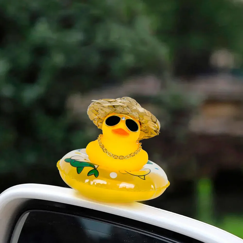 Car Duck Car Rubber Dashboard Decorations Ornament Yellow Duck with Mini Swim Ring Sun Cowboy Hat Necklace for Auto Office thumbnail 5