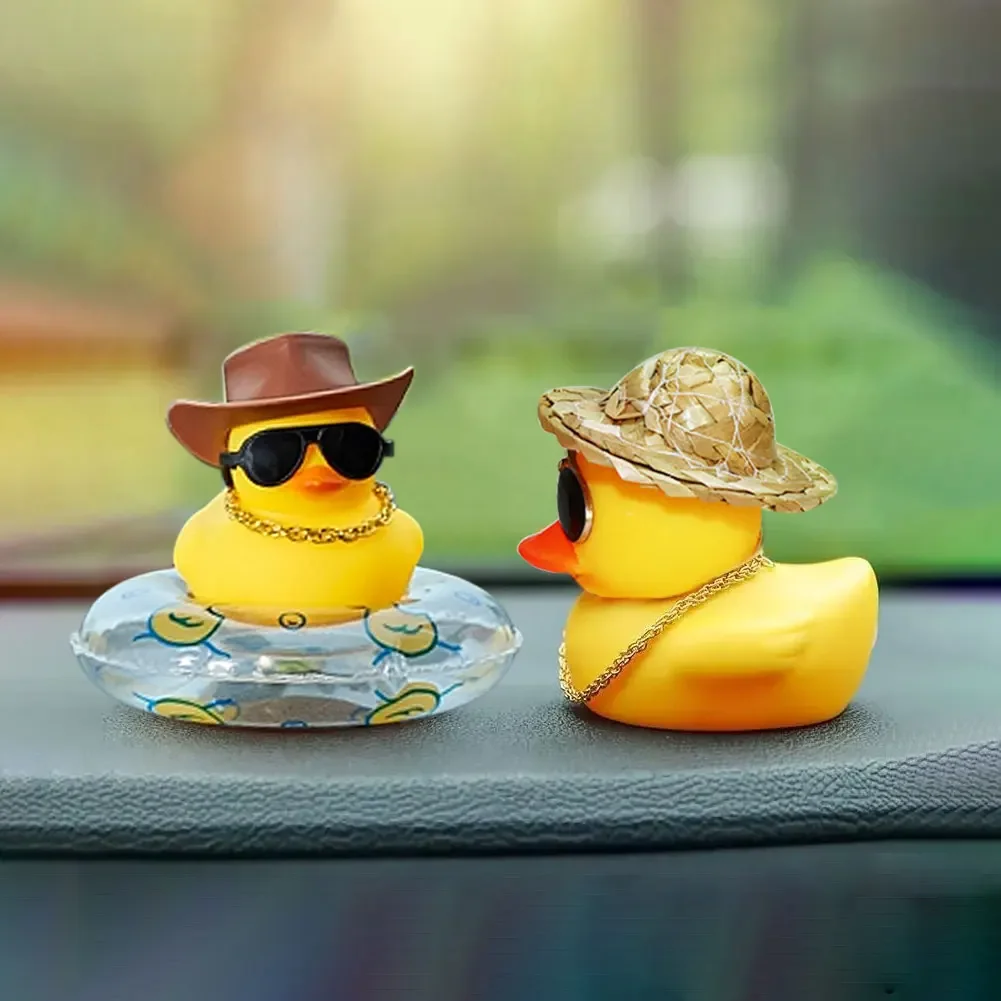 Car Duck Car Rubber Dashboard Decorations Ornament Yellow Duck with Mini Swim Ring Sun Cowboy Hat Necklace for Auto Office thumbnail 4