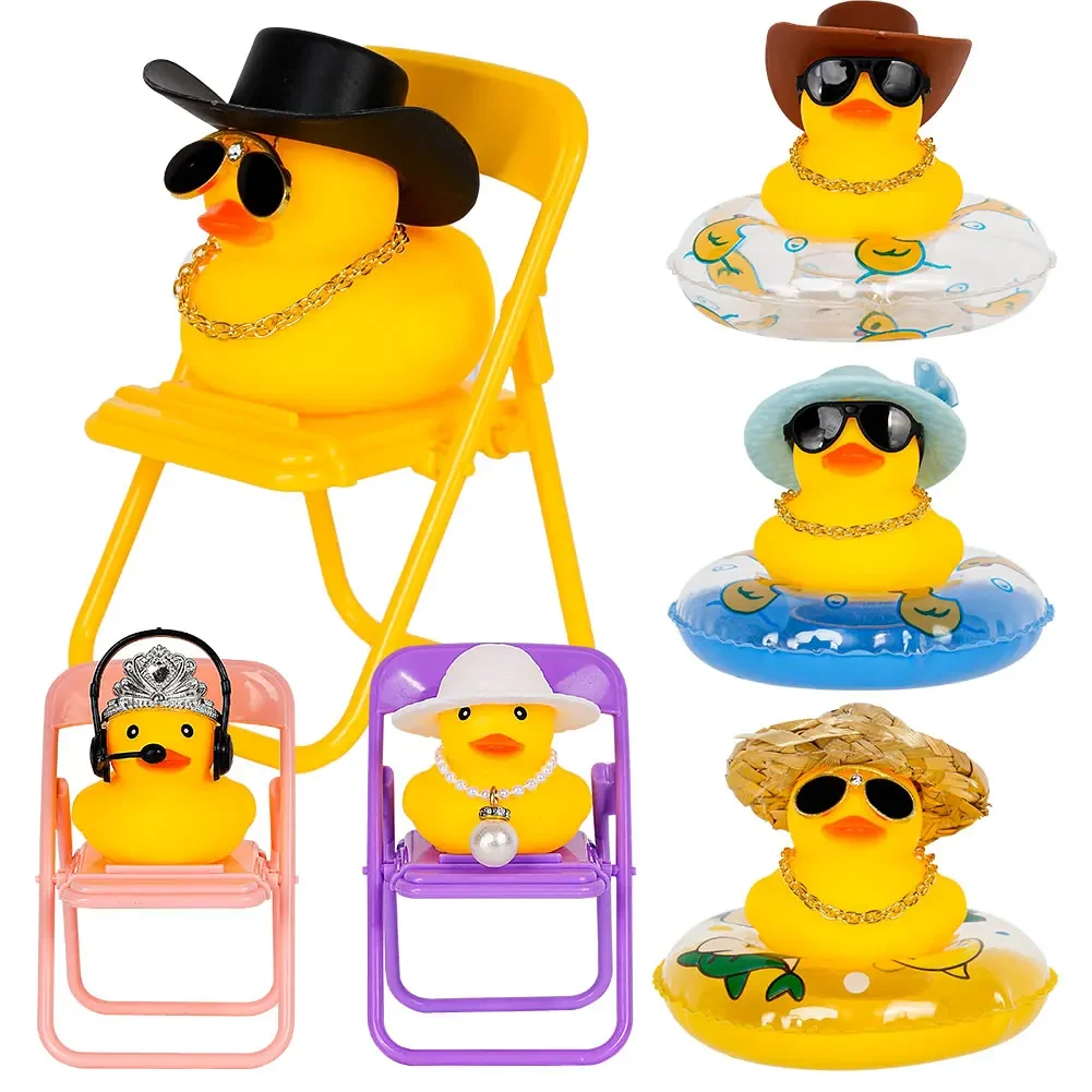 Car Duck Car Rubber Dashboard Decorations Ornament Yellow Duck with Mini Swim Ring Sun Cowboy Hat Necklace for Auto Office thumbnail 6