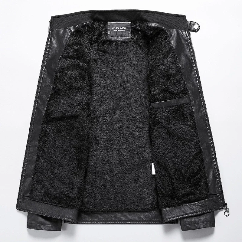 2026 Men Autumn Jacket Bomber Biker Zipper Motorcycle Faux Fur Coat Male Fleece Pilot Vintage Black Red Brown PU Leather Jacket thumbnail 2