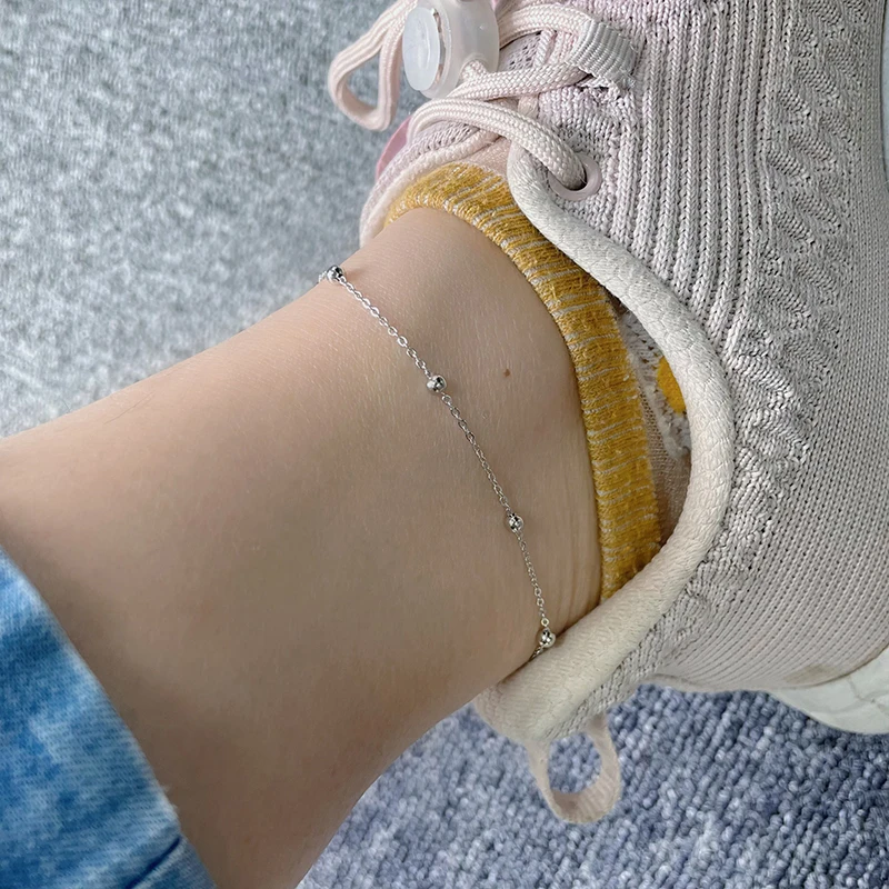 925 Sterling Silver Gold Color Cross Bead Chain Anklet For Women Foot Jewelry Leg Bracelet Barefoot Tobillera Chaine De Cheville