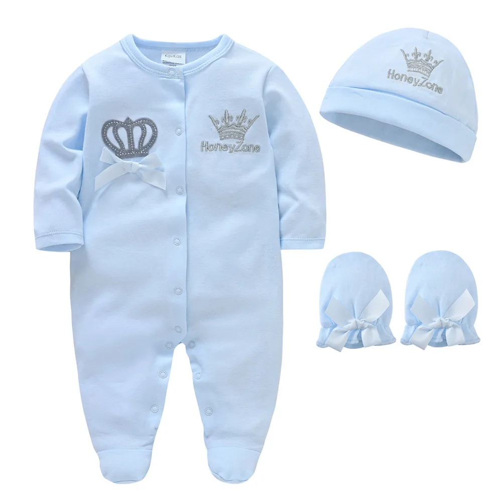 Newborn Baby Boys Romper Royal Crown Prince 100% Cotton Clothing Set with Cap Gloves Infant Girl One-Pieces Footies Sleepsuits thumbnail 2