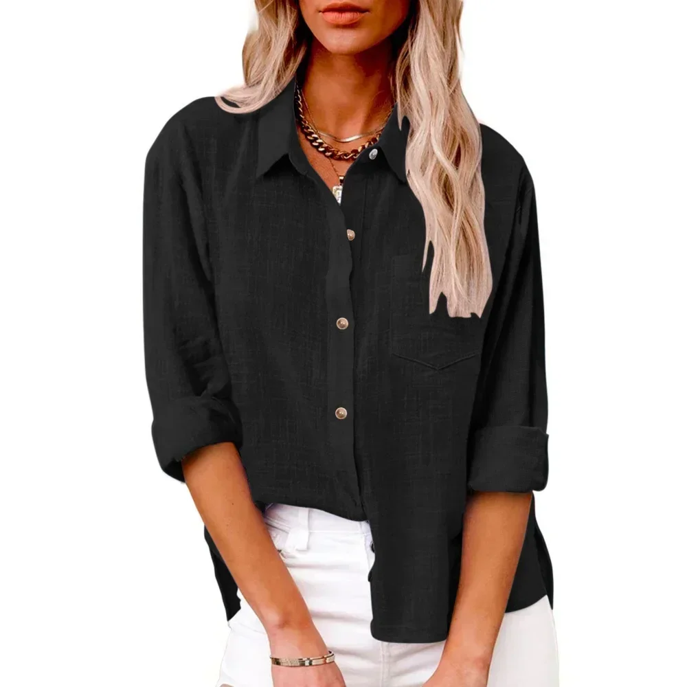 Cotton Linen Long Sleeve Shirts for Women T Shirt Solid Fashion T-Shirt Woman Clothes Tshirt Elegant Casual Tops Tees Streetwear thumbnail 5