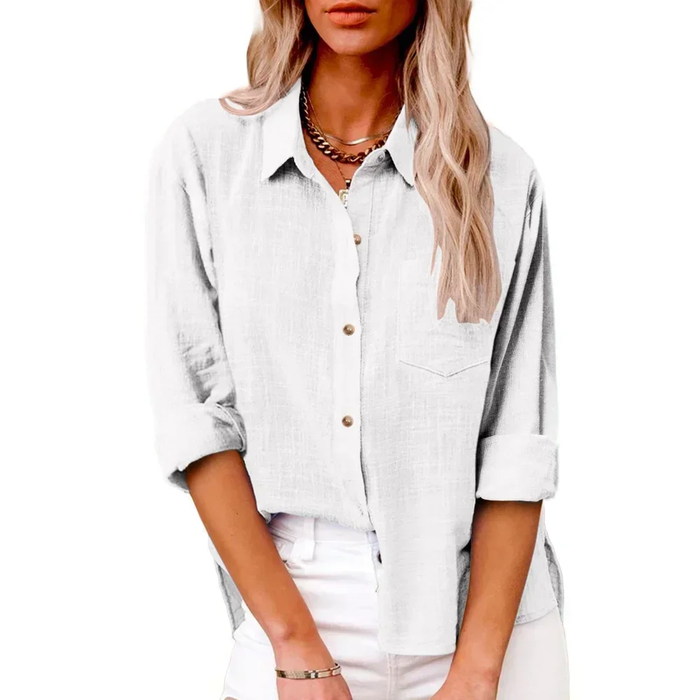 Cotton Linen Long Sleeve Shirts for Women T Shirt Solid Fashion T-Shirt Woman Clothes Tshirt Elegant Casual Tops Tees Streetwear thumbnail 2
