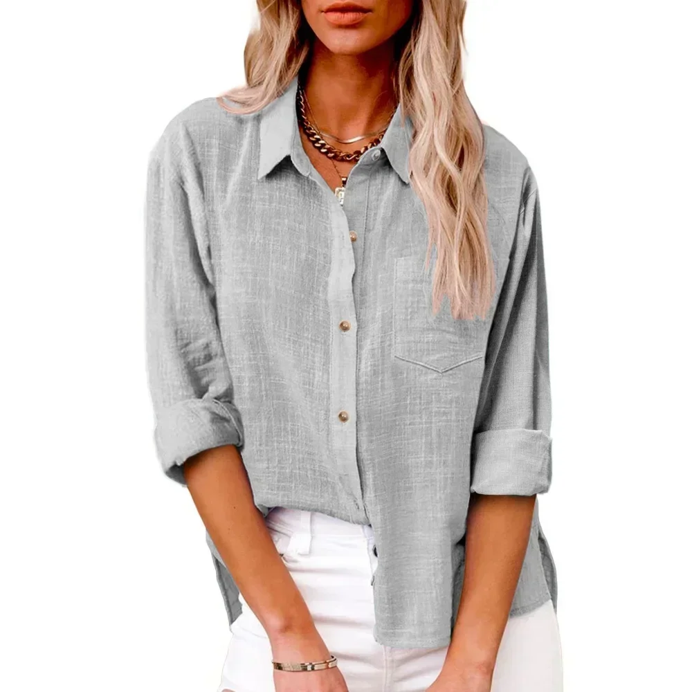 Cotton Linen Long Sleeve Shirts for Women T Shirt Solid Fashion T-Shirt Woman Clothes Tshirt Elegant Casual Tops Tees Streetwear thumbnail 6