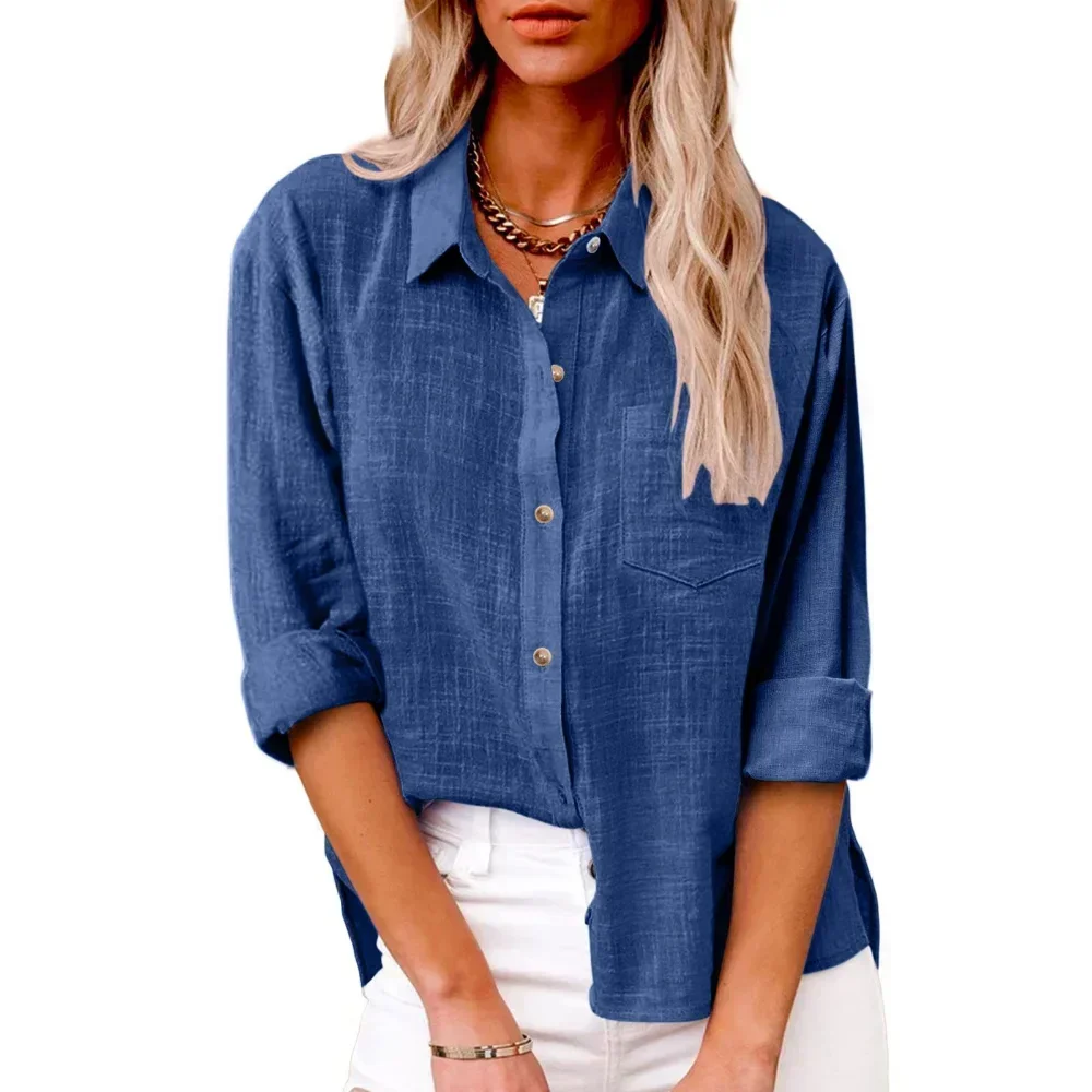 Cotton Linen Long Sleeve Shirts for Women T Shirt Solid Fashion T-Shirt Woman Clothes Tshirt Elegant Casual Tops Tees Streetwear thumbnail 3