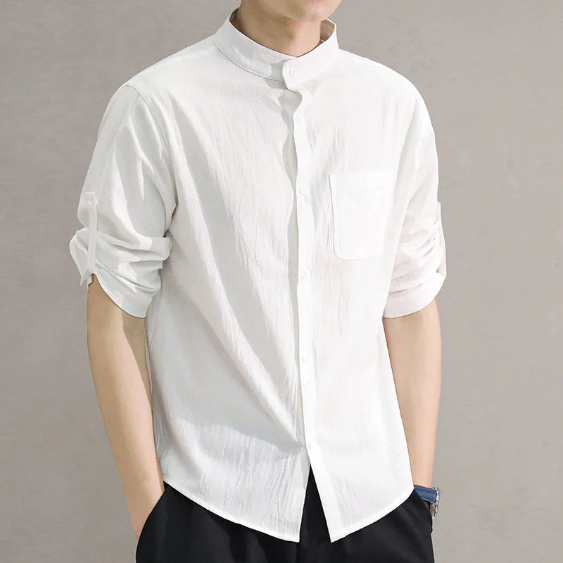 Spring and Summer Stand Collar Five-point Mid-sleeve Fashionable Men's Short-sleeved Shirt Seven-point Sleeve Large Size Men's thumbnail 5