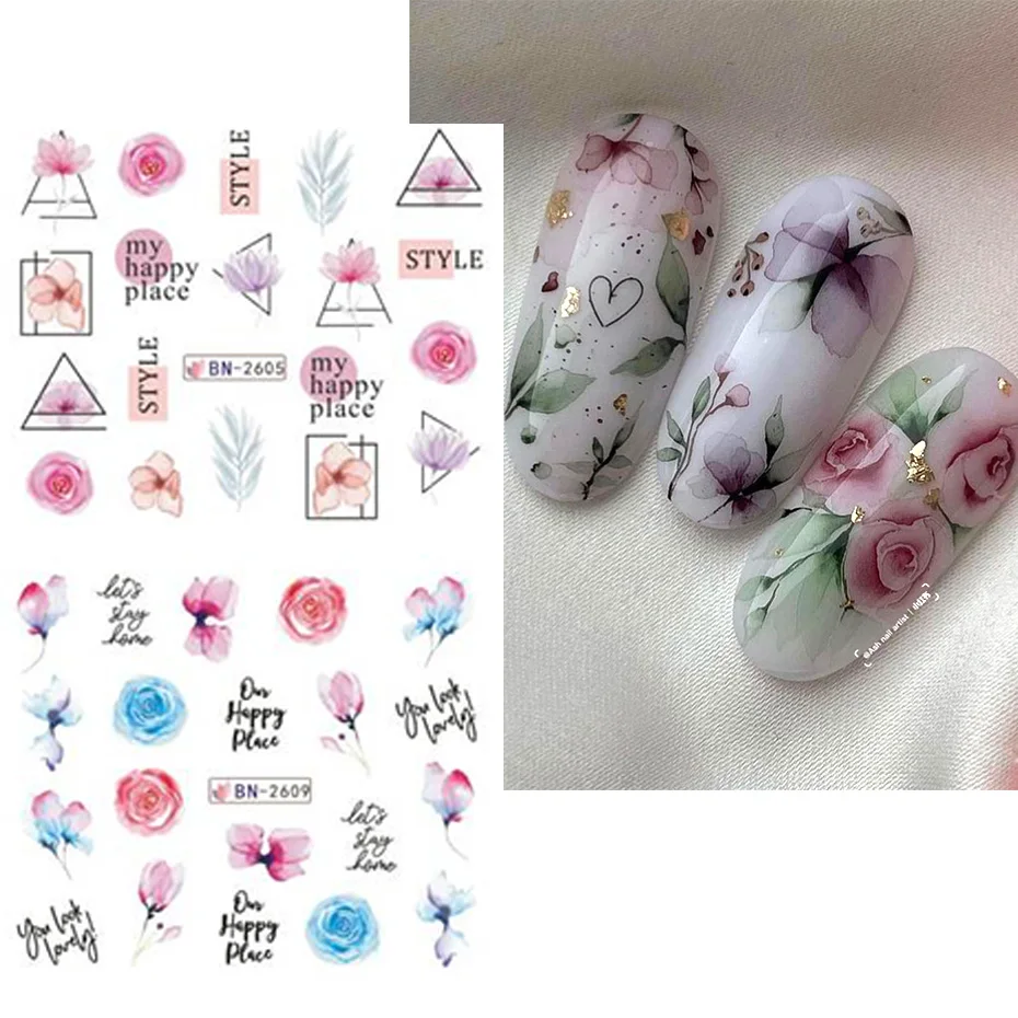 12 pcs Nail Sticker Set Summer Water Decal Nail Art Ink Flowers Leaves Graffiti Slider for Nail Decoration Foils Tattoo thumbnail 2